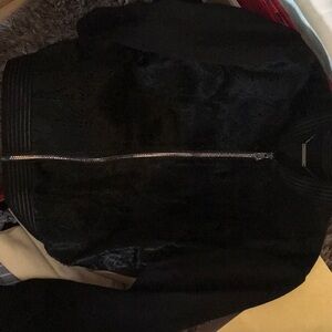 New Eli Tahari Leather Pony Hair Black Bomber Jacket